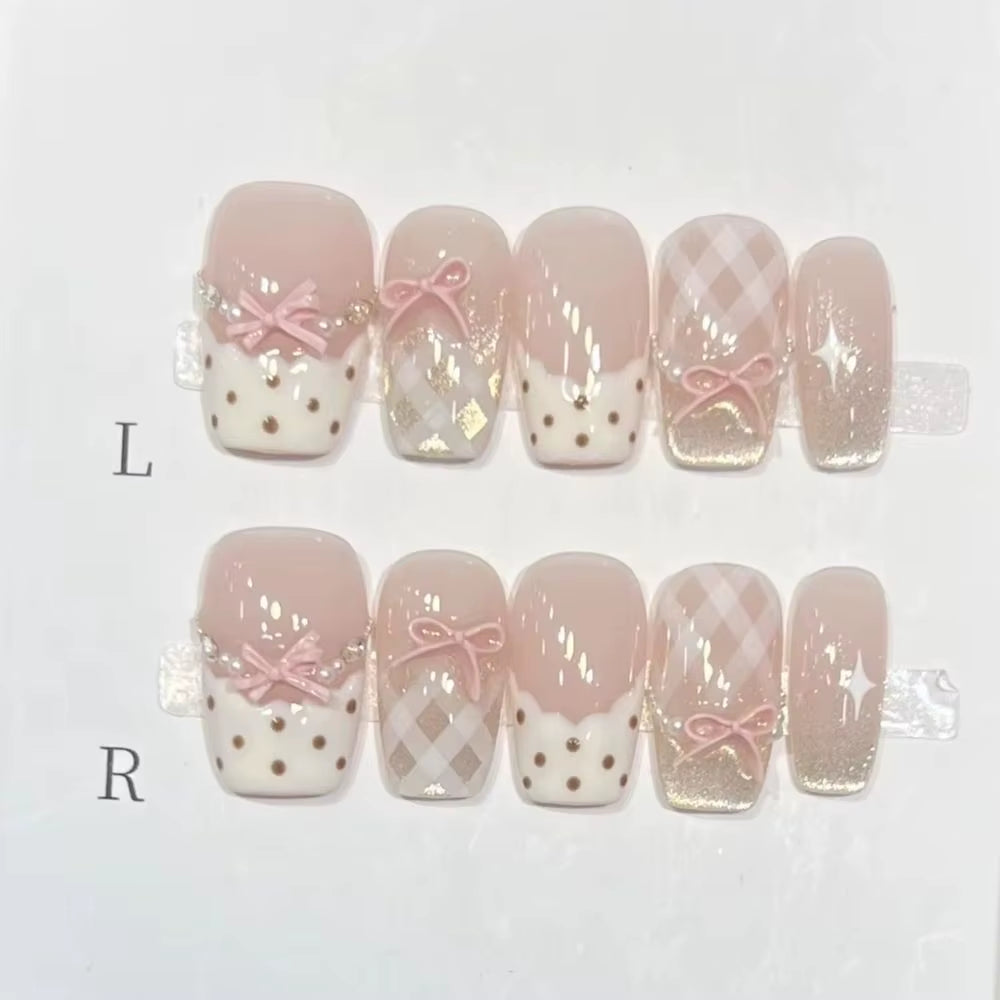 10Pcs Sweet Mid-Length Ballet False Nails Art Fashion Pink Cat Eye Lovely Bow Wearable Finished Nails Set Summer Acrylic Nails