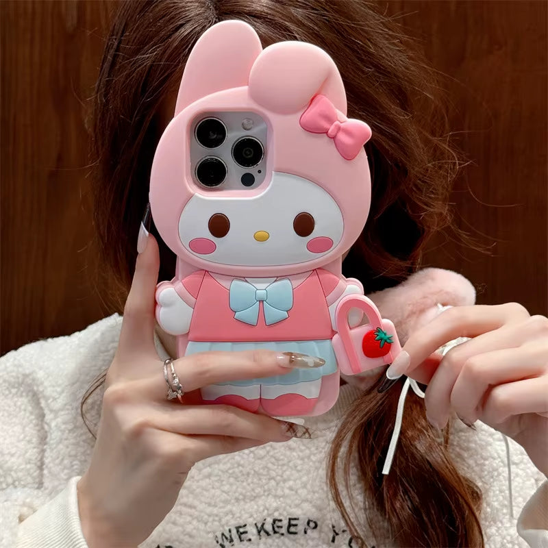 3D Cartoon Kuromi Hello Kitty Melody Handbag Silicone Phone Case for Iphone 17 16 15 14 13 Pro Max Shockproof Protective Cover
