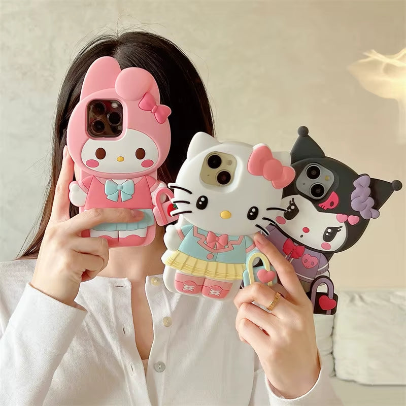 3D Cartoon Kuromi Hello Kitty Melody Handbag Silicone Phone Case for Iphone 17 16 15 14 13 Pro Max Shockproof Protective Cover