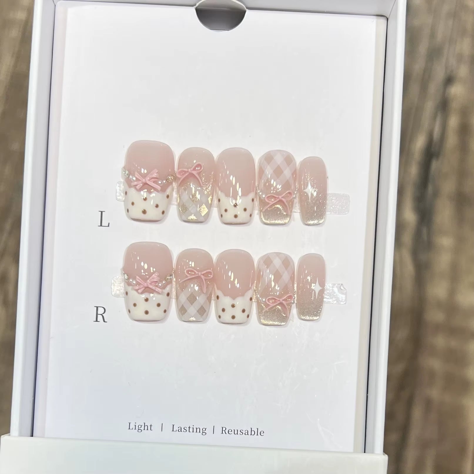 10Pcs Sweet Mid-Length Ballet False Nails Art Fashion Pink Cat Eye Lovely Bow Wearable Finished Nails Set Summer Acrylic Nails